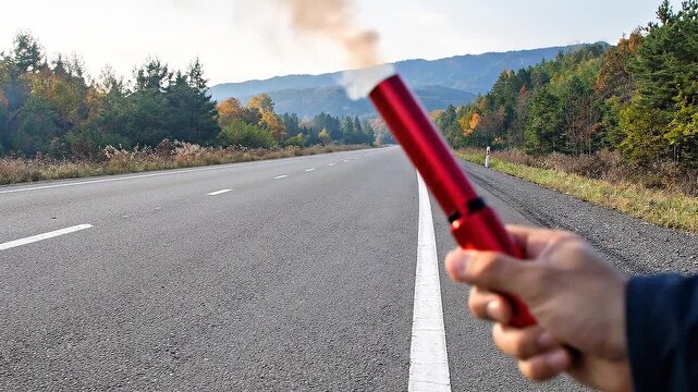 屋外の道路で発煙筒を使用し煙と炎によって周囲に異常を伝える緊急対応場面