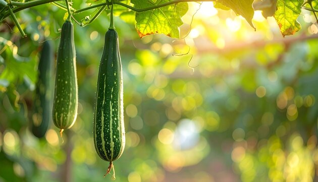 Fresh Luffa Gourds Hanging on a Vine in Sunlight