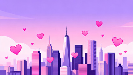 Pink-Purple Heart Urban Skyline 3D Illustration Scene