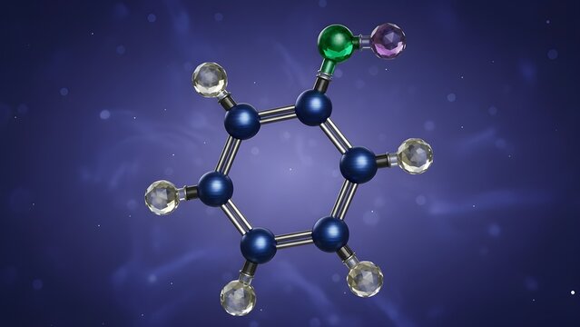 3D chemical molecule structure model of phenol or benzene aromatic compound on dark blue background