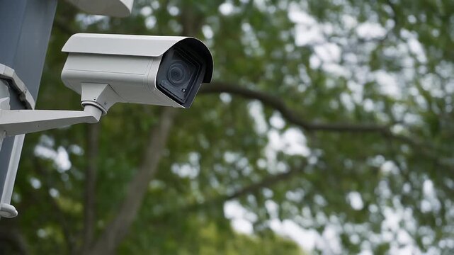 Technical close-up of a security camera monitoring an outdoor environment with green foliage in a serious, vigilant mood.