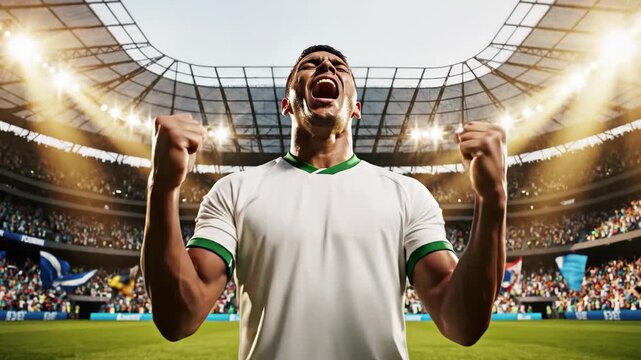 Soccer player celebrating a goal on the field in a packed stadium under bright lights, 4k high quality