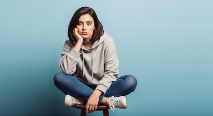 Bored Young Woman Sitting Cross-Legged and Resting Chin in Studio