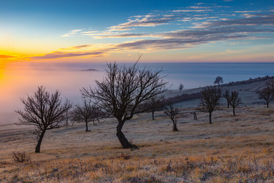 Morning inversion after sunrise in Central Bohemian Uplands, Lou