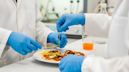 Scientists in lab coats examining a slice of pizza with a whisk