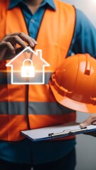 Worker in Orange Vest Holding House with Lock and Clipboard