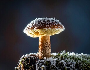 Frost Covered Mushroom on Mossy Surface at Dawn