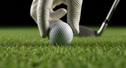 Golfer hand wearing white glove placing golf ball on tee in green grass course ready to play game on sunny summer day