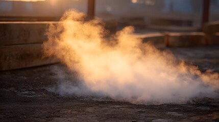Ethereal steam or dust rises from the ground bathed in warm golden hour sunlight at an outdoor industrial site