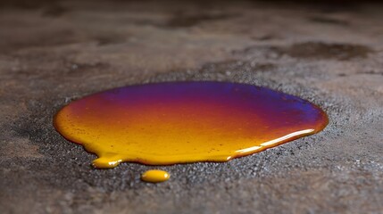 A vibrant iridescent puddle of colorful liquid with a gradient of yellow to purple spreads across a dark textured surface