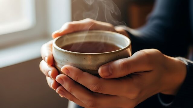 Close up of hands holding a warm steaming ceramic mug of tea or coffee in cozy soft indoor lighting - Powered by Adobe