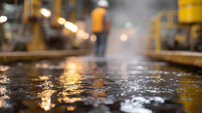 Worker in safety gear near reflective liquid spill containment with steam and industrial lighting - Powered by Adobe