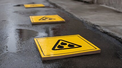 Yellow hazard warning signs with a droplet symbol are laid out sequentially on a wet reflective asphalt surface