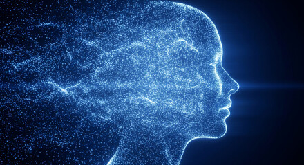 Abstract blue digital human head profile made of glowing dots and lines representing artificial intelligence concept