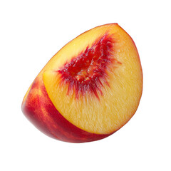 Freshly sliced peach with vibrant yellow flesh and rich red core on a black background