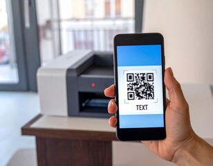 Hand Holding Smartphone Scanning Qr Code Near Printer