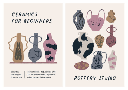 Ceramics and pottery posters, promotion flyers, card designs set. Hand-drawn placards with handmade pottery, vases for modern ceramic craft class, school, workshop ad. Flat vector illustration