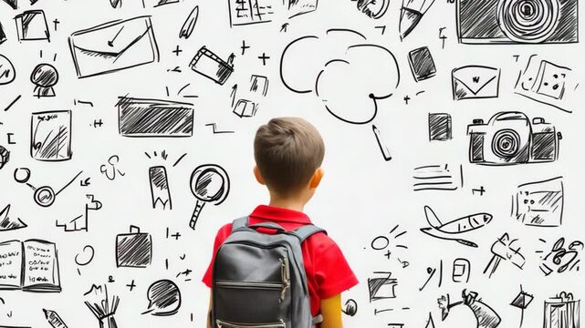 selective focus visitor doodles pointing hand child backpack whisper bubble camera icon