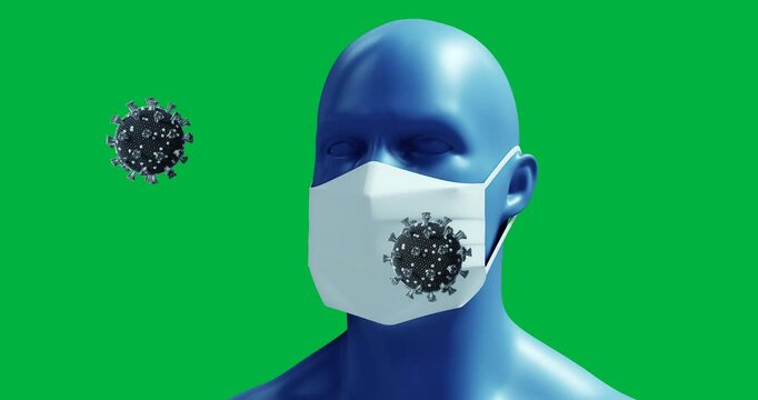Animation of macro Covid-19 cells floating over a 3D human face with a mask