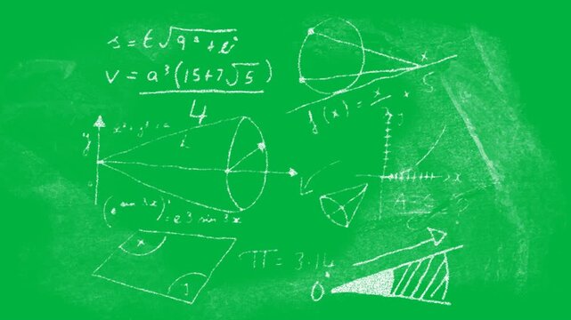 Animation of mathematical formulae appearing on black and white background