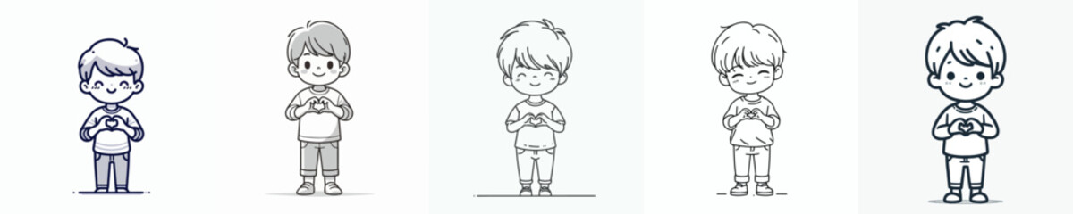 Fototapeta premium vector line art of little boy standing hand gesture forming love symbol