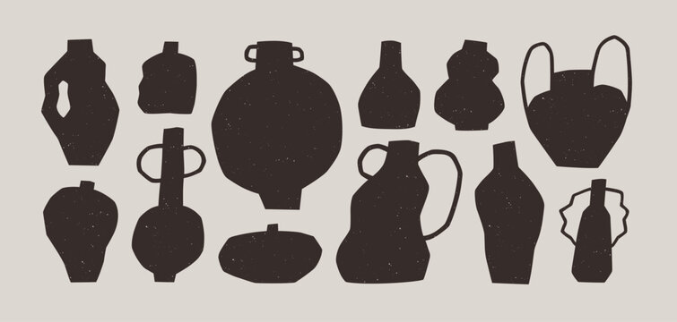Vase silhouettes in modern style. Trendy handmade ceramics, pottery set. Hand-made amphora, jugs, ceramic vessels, crockery with imperfect rough handcrafted shapes. Isolated flat vector illustrations
