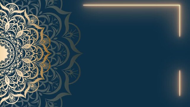 Elegant Mandala Design with Neon Frame on Dark Teal Background.