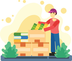 Worker packing books into cardboard boxes illustration