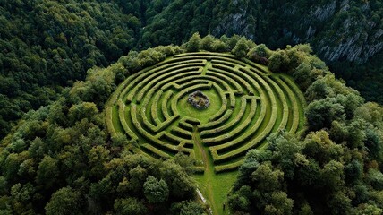 A large, intricate labyrinth carved into a green hillside, seen from above, symbolizing life's journey or complexity.
