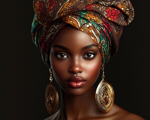 Woman with intricate colorful headwrap and large gold earrings. Beautiful african american woman portrait on dark background for fashion and beauty concept.
