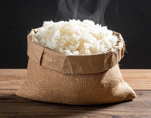 Hot Steaming Rice in Burlap Sack on Wooden Table