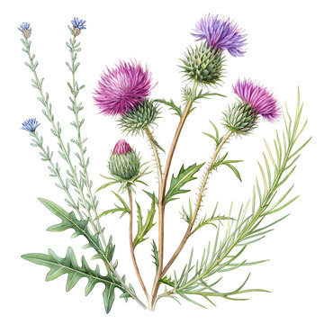 Vibrant thistle flowers and green leaves on white background