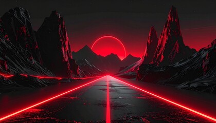 Futuristic Neon Road Through Fiery Mountains