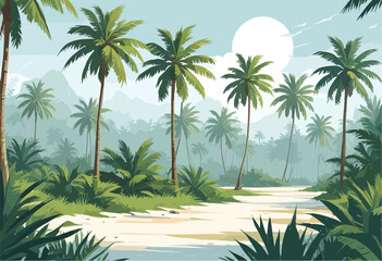 an idyllic tropical paradise setting featuring tall palm trees, lush green foliage, and white sandy beach under a bright sun, creating a serene summer vacation background © laurence
