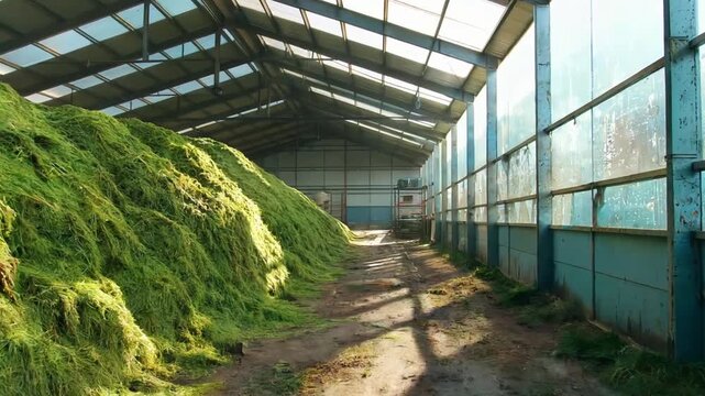 Large pile of green fodder in a spacious barn or silo with a dirt pathway and transparent roof panels