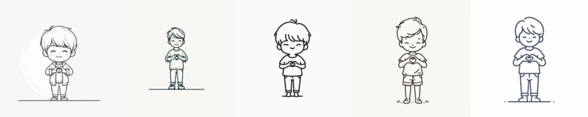 Fototapeta premium vector line art of little boy standing hand gesture forming love symbol