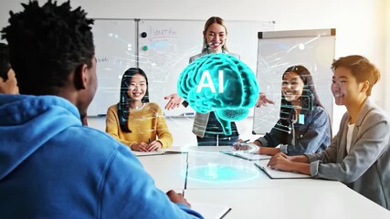 Diverse group of students collaborating around a table with a holographic ai brain projection in a modern classroom setting, 4k high quality - Powered by Adobe