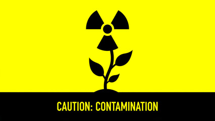 Striking black graphic displays a radioactive symbol merged atop a growing plant stalk on a bold yellow caution background warning sign.