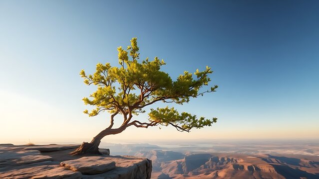 laurel. Lone laurel tree on cliff edge, branches extended against wind, golden hour sunlight, panoramic view. travel magazines, destination branding, designed for travel destination branding.