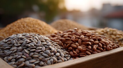 A close up of various whole seeds and grains displaying diverse textures and colors illuminated by warm sunset light