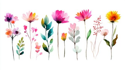 Watercolor Floral Painting with Stylized Multicolored Flowers Arranged Horizontally on White Background