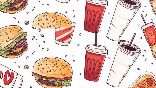 selective focus background with hamburgers and drinks in doodle style