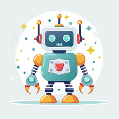 Cartoon robot with a teal body, yellow accents, and a white head, standing against a light background with colorful sparkles.