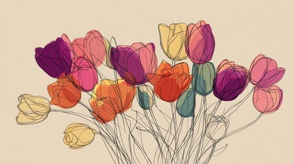 Stylized Tulip Flowers in Continuous Line Drawing with Watercolor Fills on Beige Background