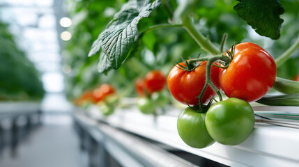 Modern greenhouse interior with hydroponic growing systems, sustainable food production, controlled environment agriculture, vertical farming innovation, with copy space