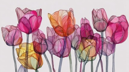 Stylized Tulip Flowers in Continuous Line Drawing with Watercolor Fills on Beige Background