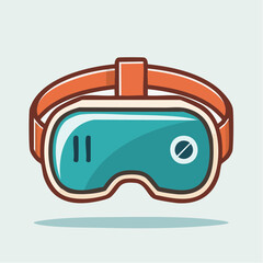 Illustration of a virtual reality headset with an orange strap and blue lenses, casting a shadow.