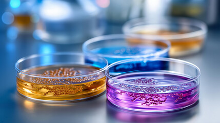 Petri dishes with bacterial cultures growing, microbiological research, scientific cultivation experiment, laboratory sample observation, biological study materials, with copy space