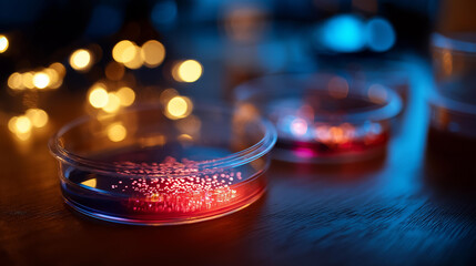 Petri dishes with bacterial cultures growing, microbiological research, scientific cultivation experiment, laboratory sample observation, biological study materials, with copy space