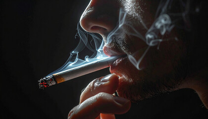Cinematic side profile close up of person holding lit cigarette between fingers, thin smoke trails swirling in dramatic low light, moody and intense atmosphere